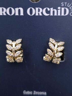 Gold Leaf Crystal Huggie Earrings by Iron Orchid Studio